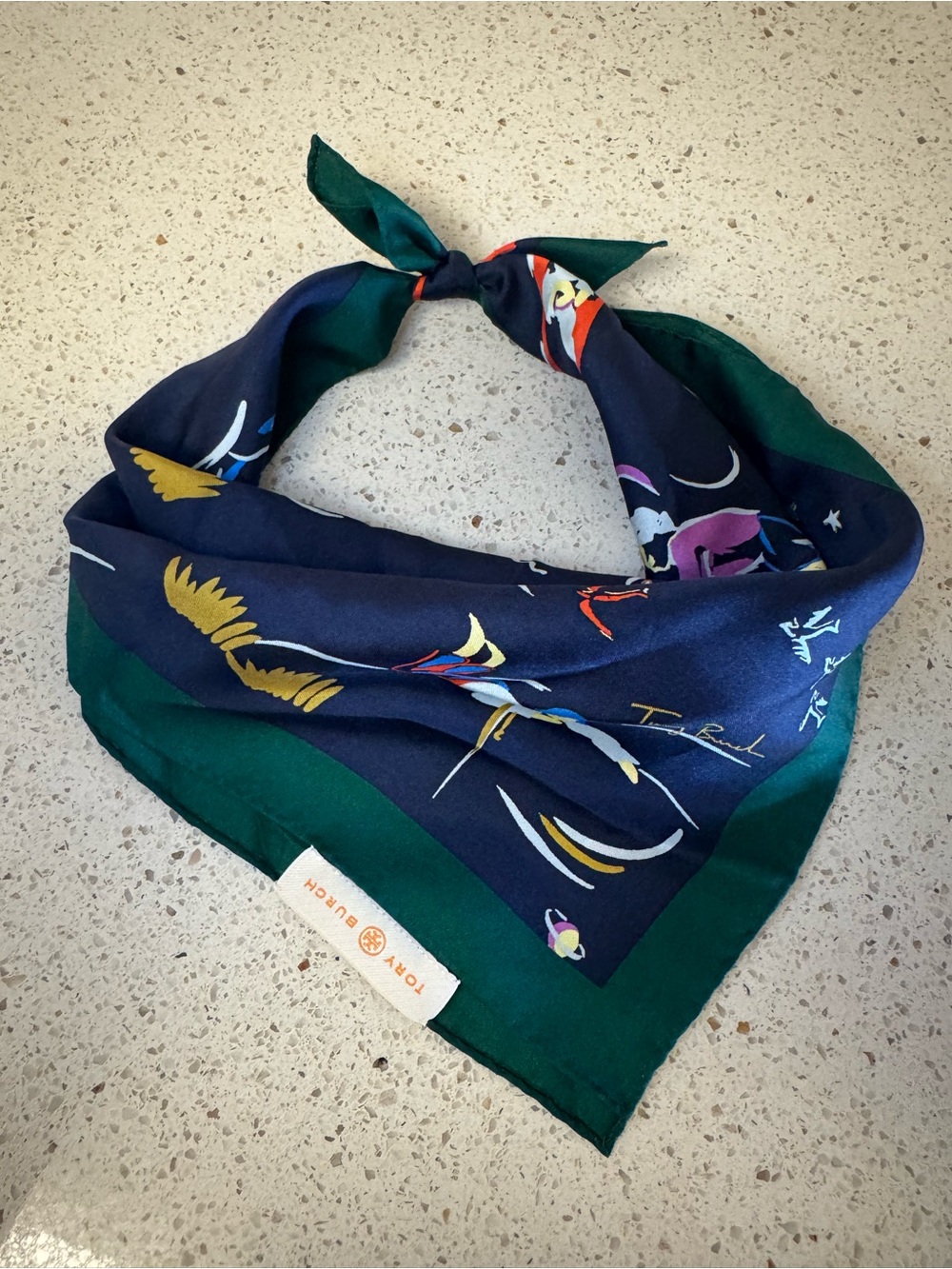 Tory Burch Navy & Green Silk Printed Bandana Scarf
